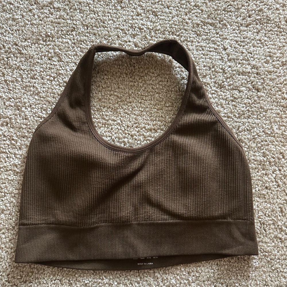 Brown Limitless Ribbed Seamless Halter Bra